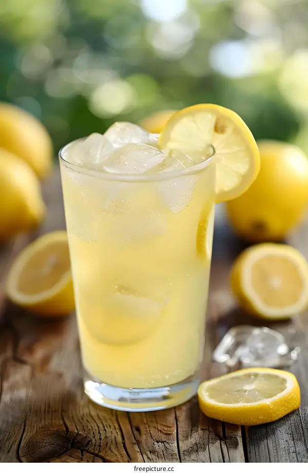 Glass of Lemonade with Ice and Lemon Slices on a Wooden Table