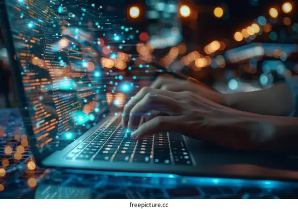 A software engineer types on a laptop keyboard while coding