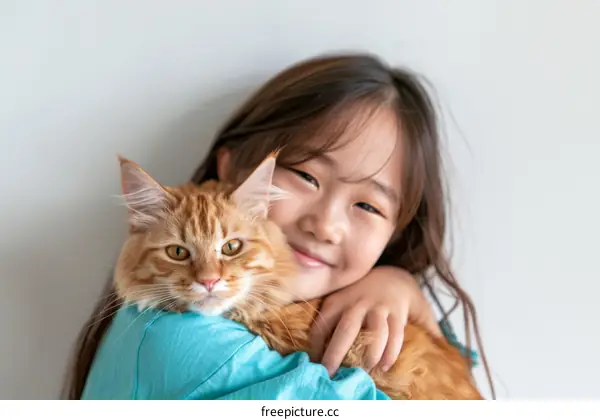 A girl hugging an orange cat