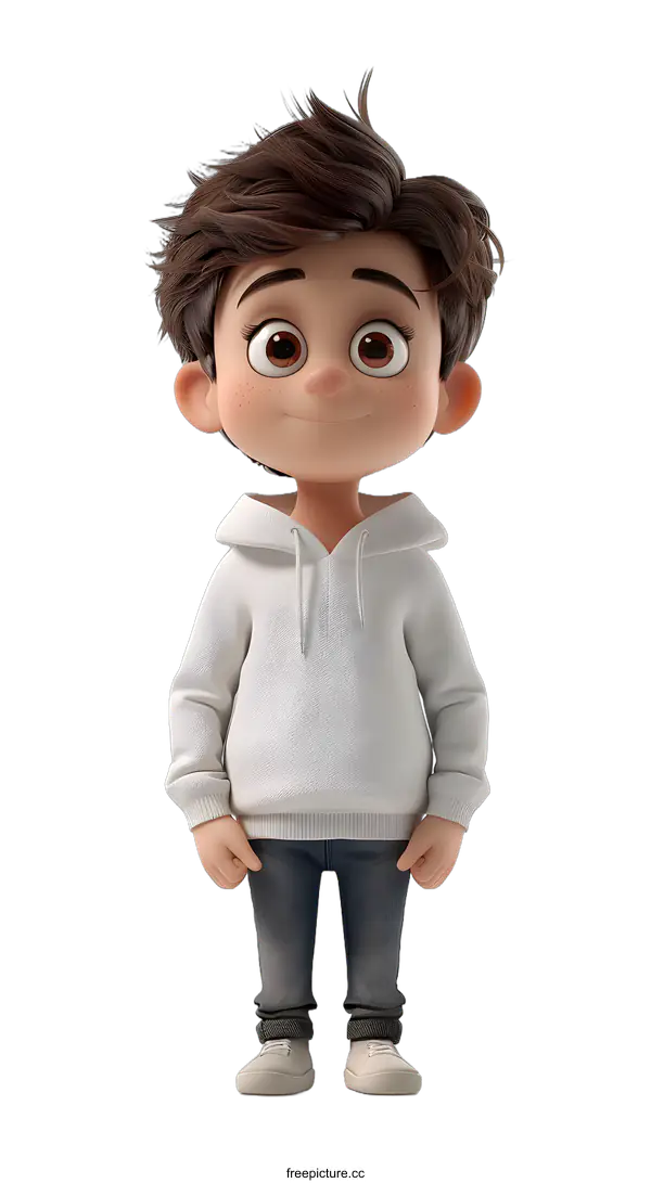 [Transparent Background PNG]A 3D rendering of a young boy with brown hair and brown eyes. He is wearing a white hoodie and blue jeans.