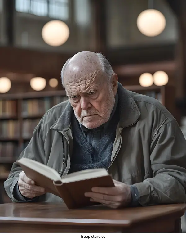 Elderly Man Reading Book in Library
