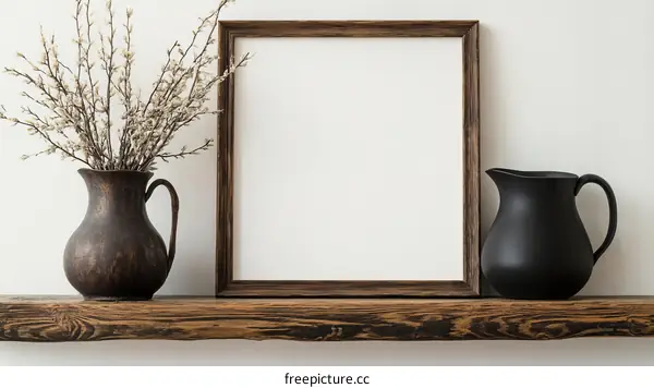 Wooden Shelf Decor with Frame and Pitcher
