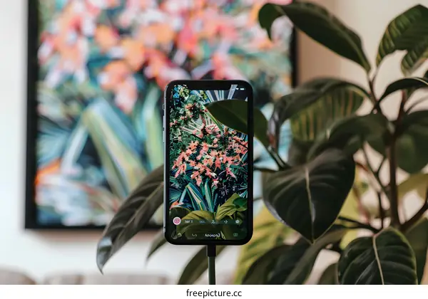 Phone with Green Plant and Flowers on the Screen in a Living Room