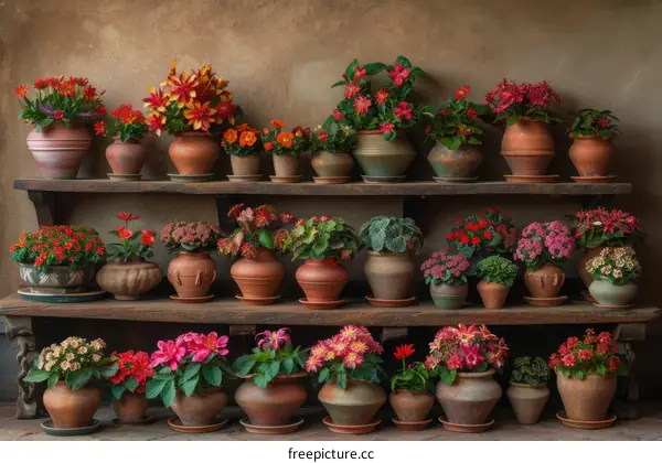 An arrangement of various flowers in pots on wooden shelves against a stone wall background