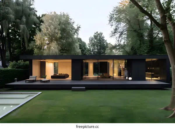 Modern Black House with a Pool and a Large Deck