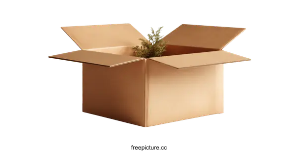 [Transparent Background PNG]Open Cardboard Box with Small Plant Inside