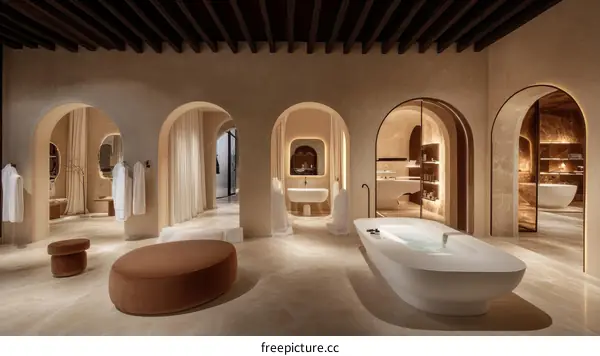 Modern Spa Area with Elegant Arches and Bathtubs