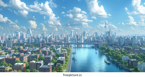 Cityscape with River and Bridge