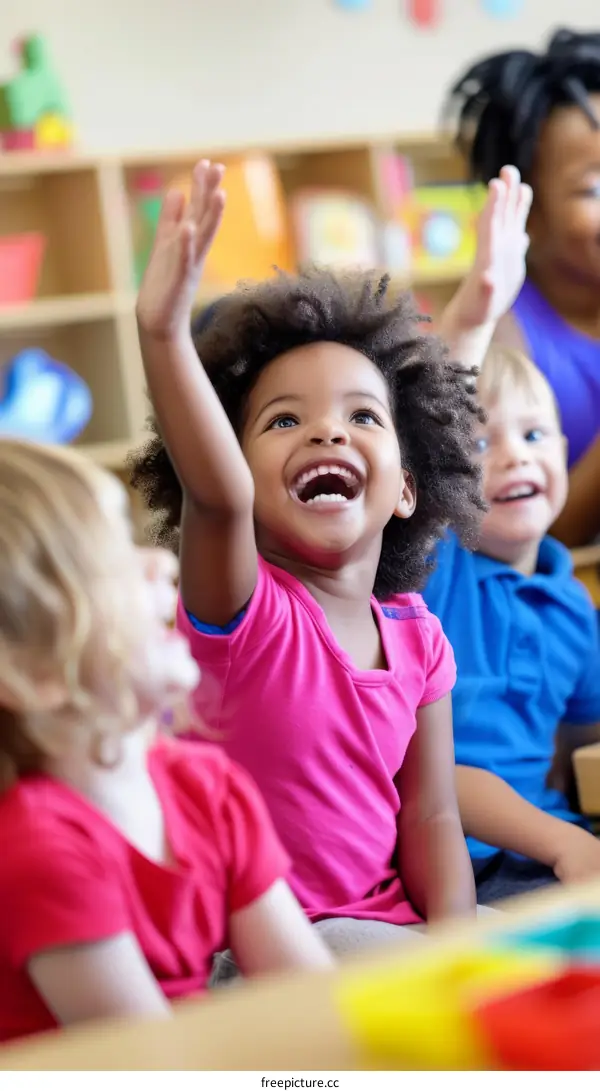 Group of preschool children sitting at a table and raising their hands
