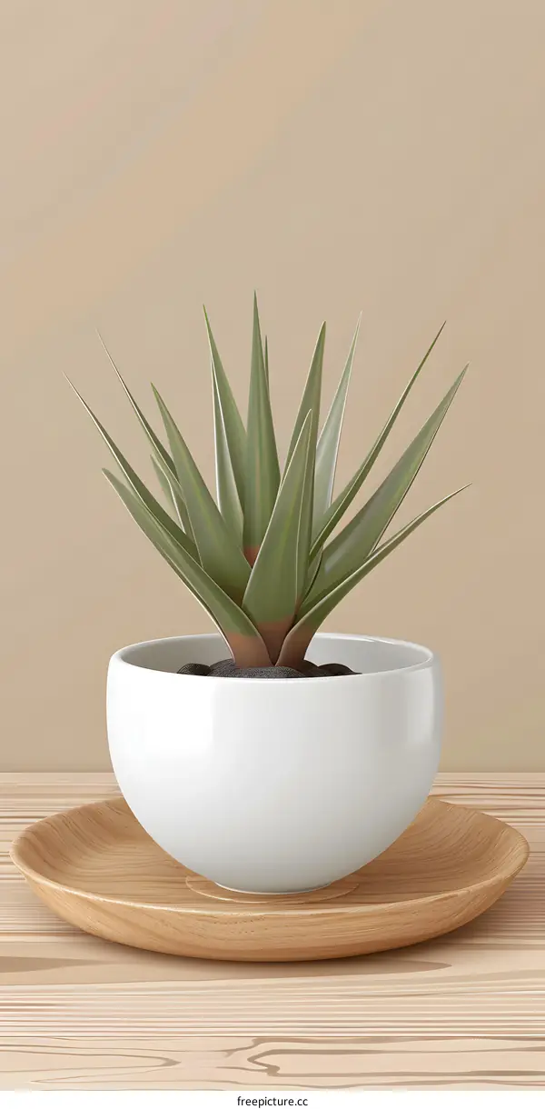 Minimalist Green Plant in White Pot on Wooden Table