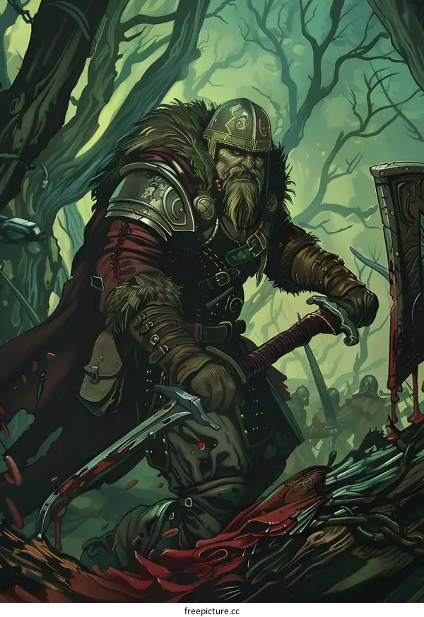 Viking Warrior with Blood Stained Sword Standing in Forest
