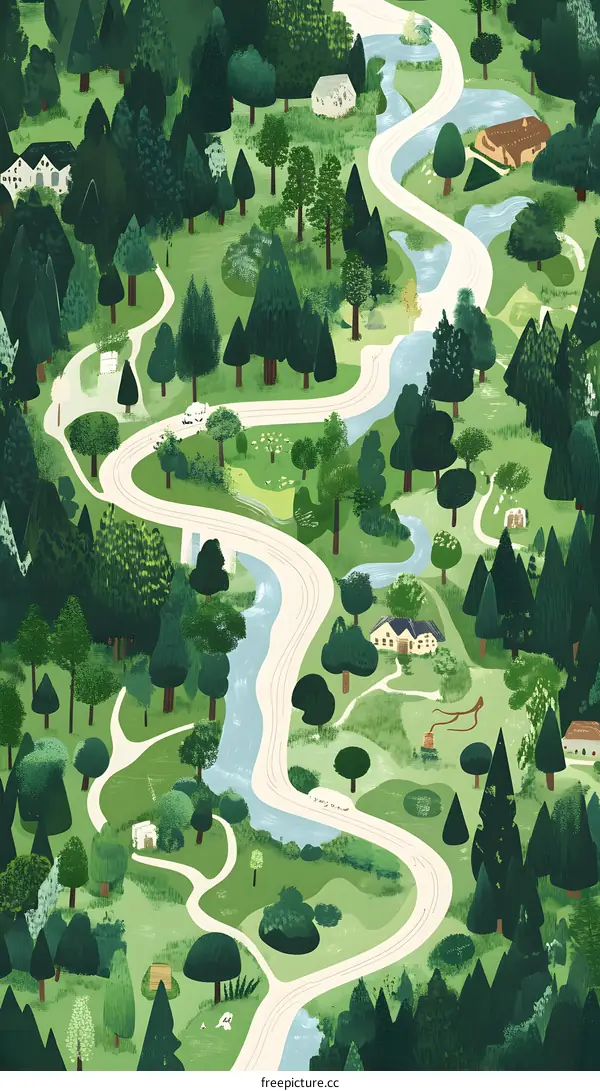 Green Forest Landscape Illustration with Winding Road and River