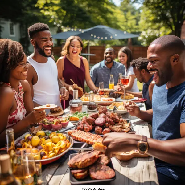 A group of African-American friends having a barbecue in a backyard