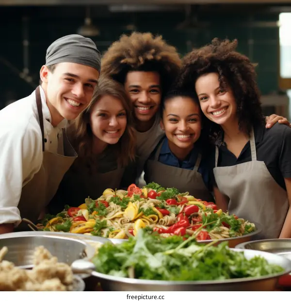 Diverse group of chefs smiling and posing in a commercial kitchen