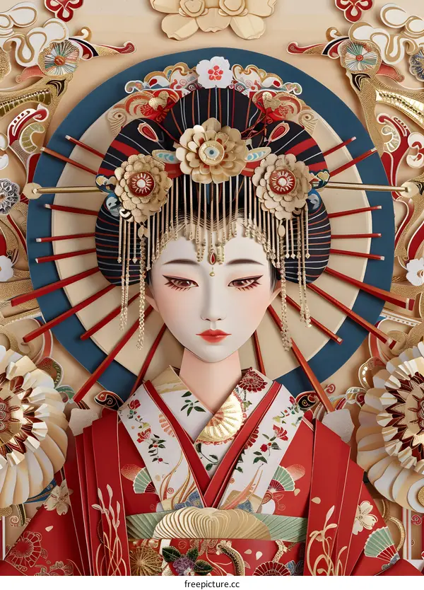 A woman wearing a kimono with traditional Japanese hair ornaments.