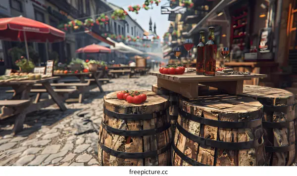 Medieval Market Street With Wine Bottles And Wine Glasses