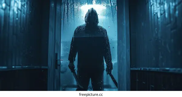 A masked man in a dark room with a knife
