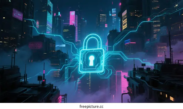 Neon Lock in Futuristic Cityscape with Digital Connections