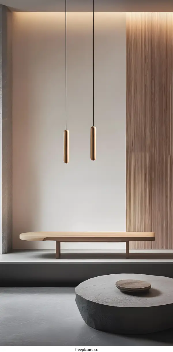 Minimalist Interior Design with Wooden Bench and Stone Coffee Table