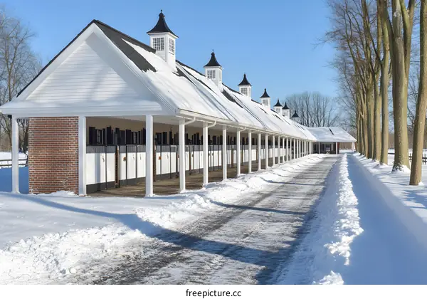 White Horse Stables with Snow Covered Roof and Ground
