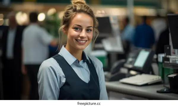 Portrait of a young woman working as a cashier in a supermarket