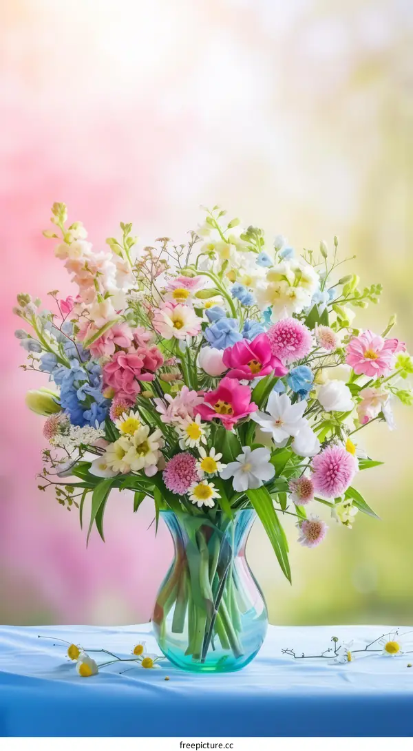 A beautiful bouquet of various flowers in a glass vase