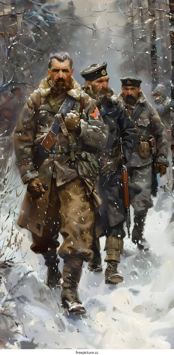 Three soldiers walking in the snow