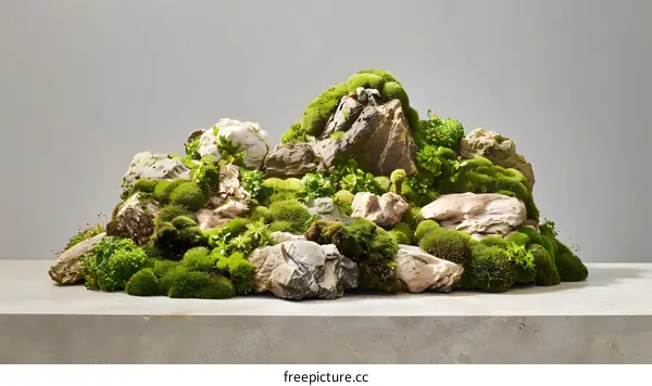 Green Moss and Rocks on a Tabletop Still Life