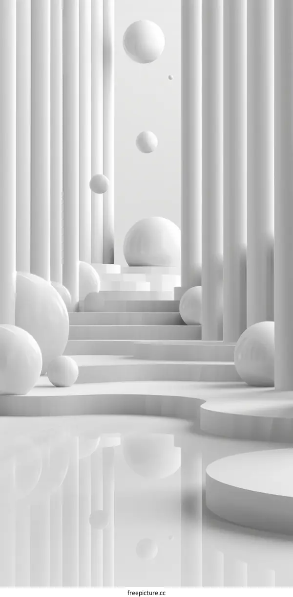 White minimalist architectural space with podium and floating spheres