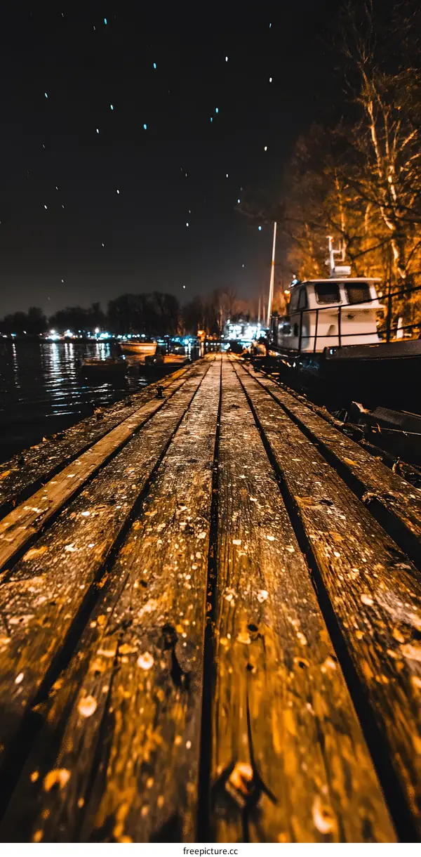 Wooden Dock at Night with Starry Sky