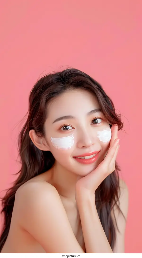 Beautiful Asian Woman With Face Cream On Pink Background