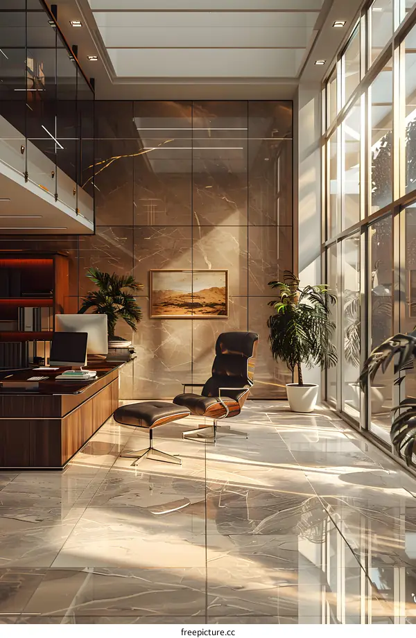 Modern office interior with large windows and a marble floor