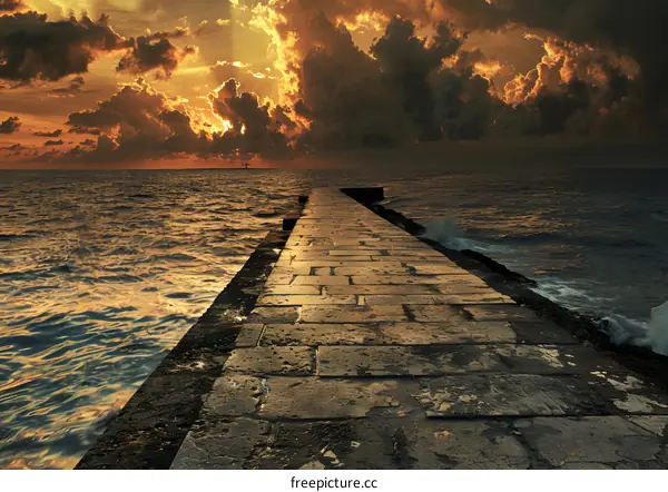 Stone Pathway Leading to the Sunset Over the Ocean