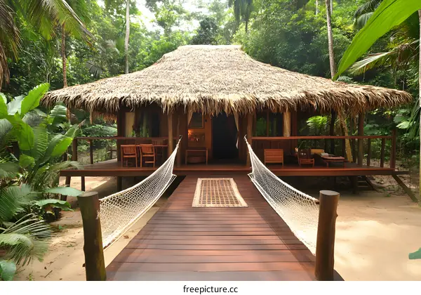 Tropical Hut with Wooden Bridge and Net Hammocks