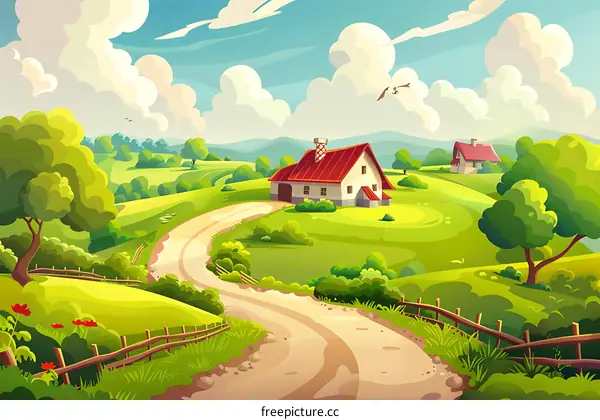 Countryside Road With Green Hills and a House
