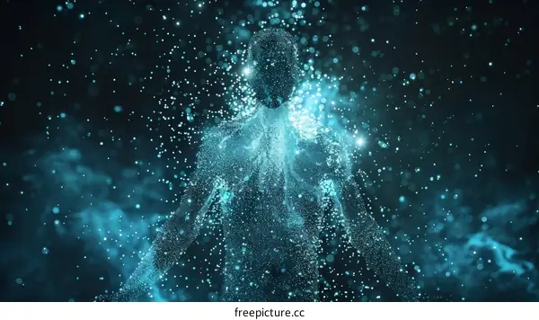 Blue Humanoid Avatar Made of Digital Particles in Space