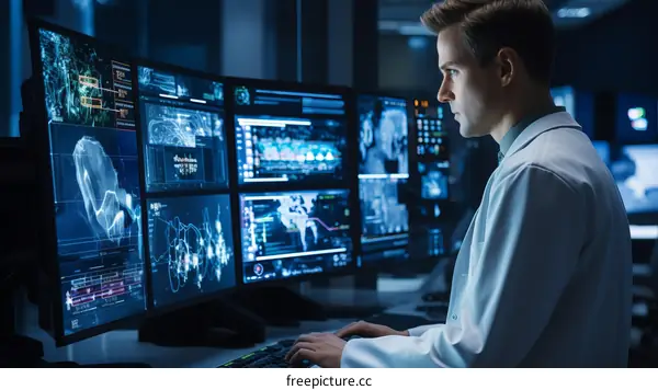 Male scientist in a futuristic laboratory with multiple screens