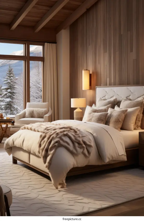 Exquisite bedroom with a large bed and a view of the snowy mountains