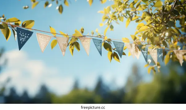 Blue and White Triangle Bunting Hanging on Tree Branch