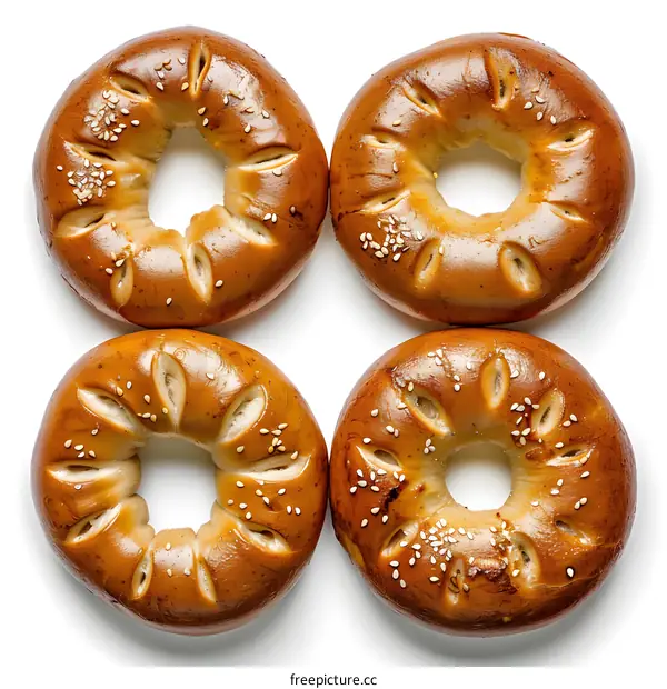 Four bagels on a white background