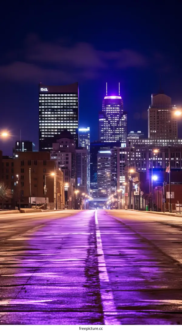 A Wide Road in Downtown Indianapolis at Night