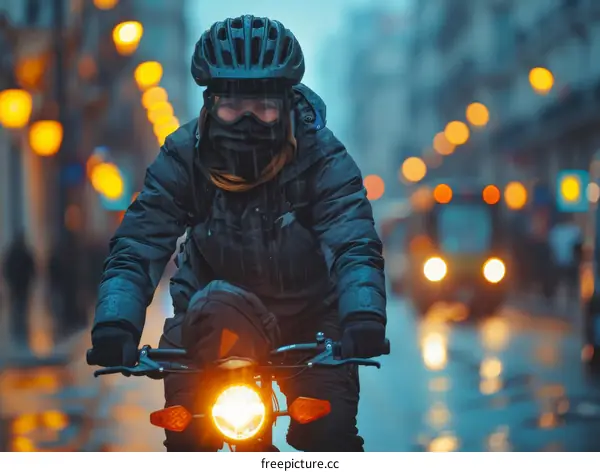 Cyclist rides through city streets in the rain