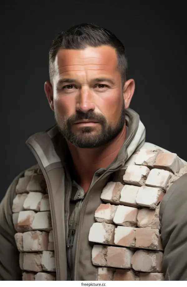 A man with a beard and a brick vest