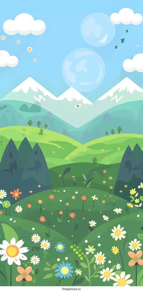 Spring Landscape with Mountains and Flowers