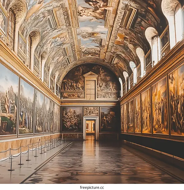Interior of a Large Hall with a High Ceiling and Paintings on the Walls