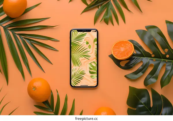 Orange Fruit and Palm Leaves on Orange Background