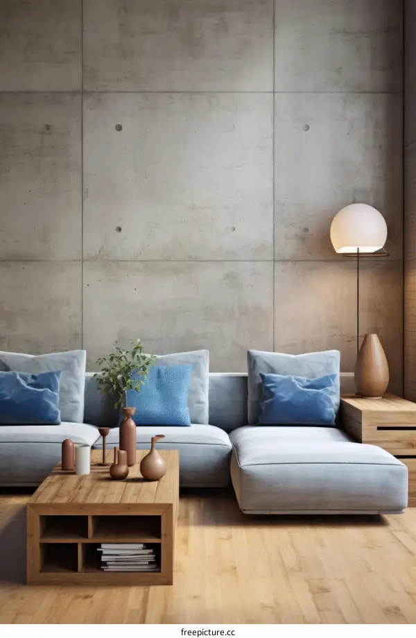 Modern living room interior with concrete wall and large sofa