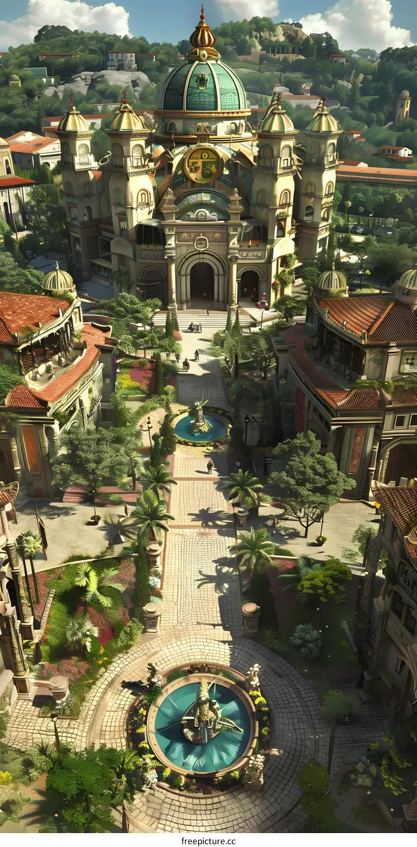 Fantasy Town Square With Fountain