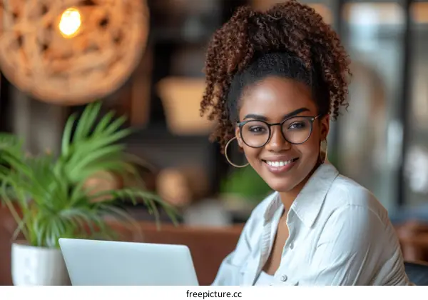 Black woman smiling in front of laptop