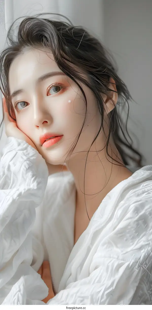 Portrait of a Young Woman with Long Black Hair Looking Away